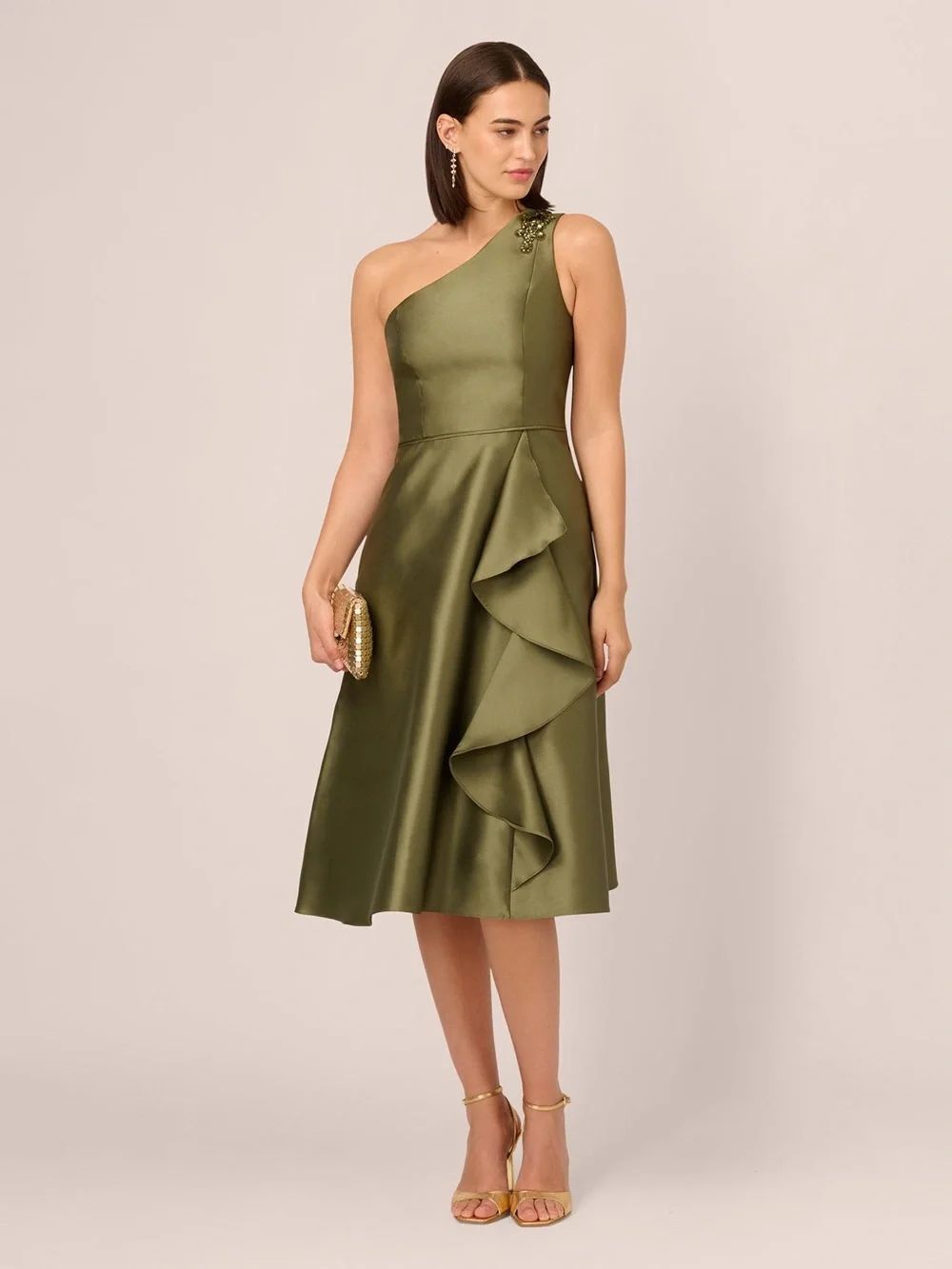 ADRIANNA PAPELL One Shoulder Beaded Detail Mikado Midi Dress In Jungle Olive 16
